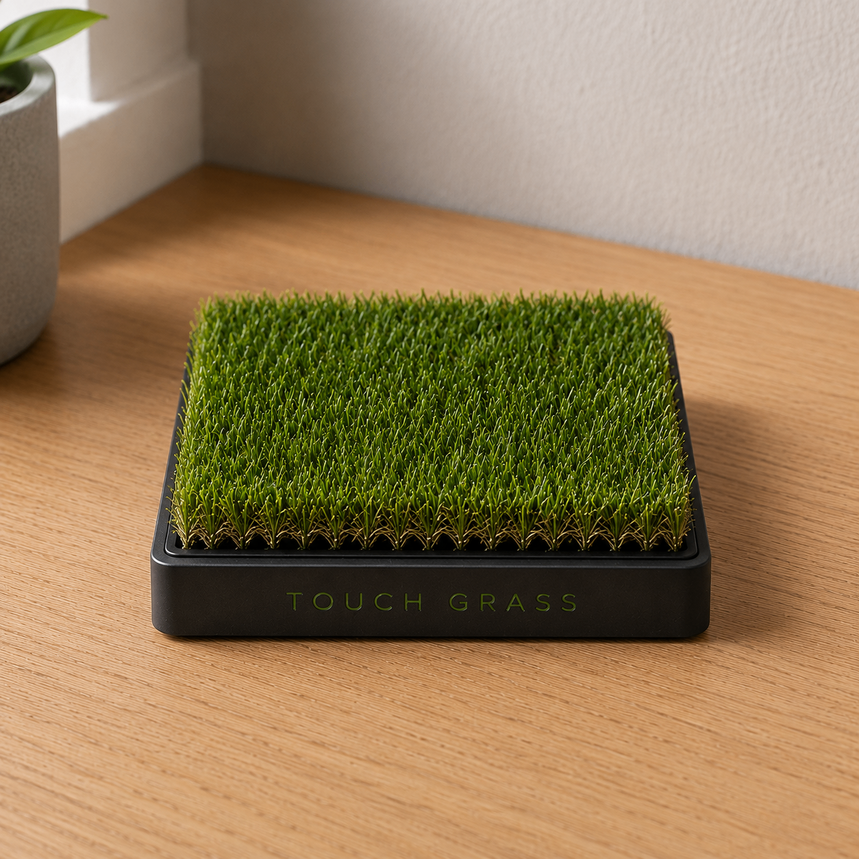 Touch Grass desktop grass patch on a wooden desk